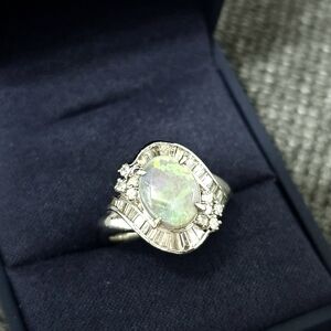 Elegant Platinum Natural Opal and Diamond  Ring
